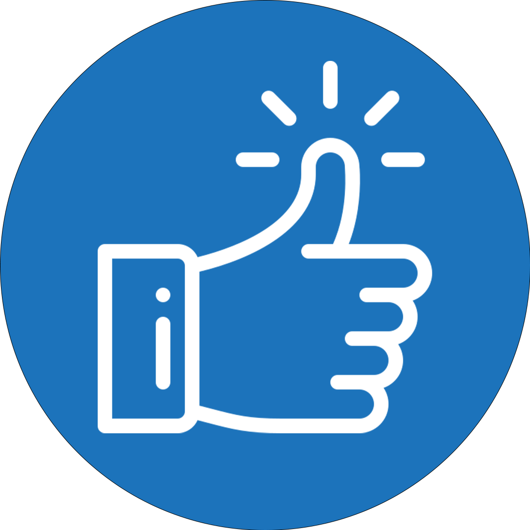 Icon of a hand giving a thumbs up, with a light shining above the thumb, on a blue circular background.