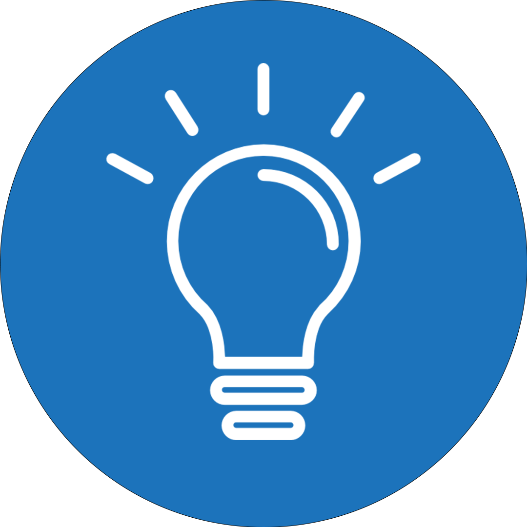 Blue circle icon with a white light bulb and rays emanating from it.