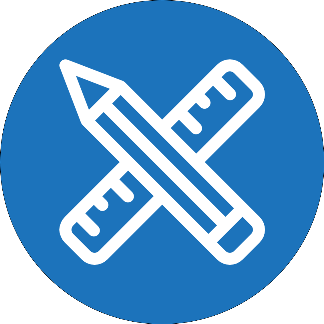 Icon of a pencil and a ruler crossed over each other on a blue circular background.