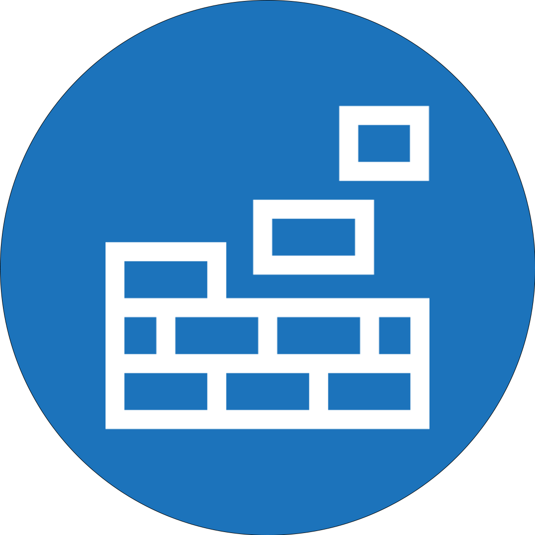 Blue circular icon with white geometric shapes resembling a stack of bricks and three smaller rectangles above.
