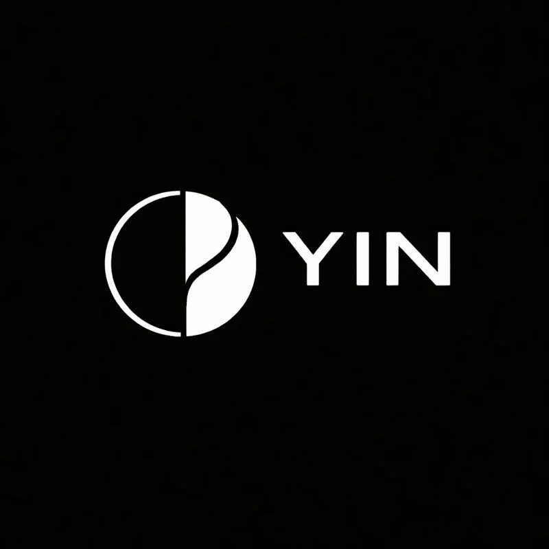 Black background with a white yin-yang symbol and the word 'YIN' in capital letters.