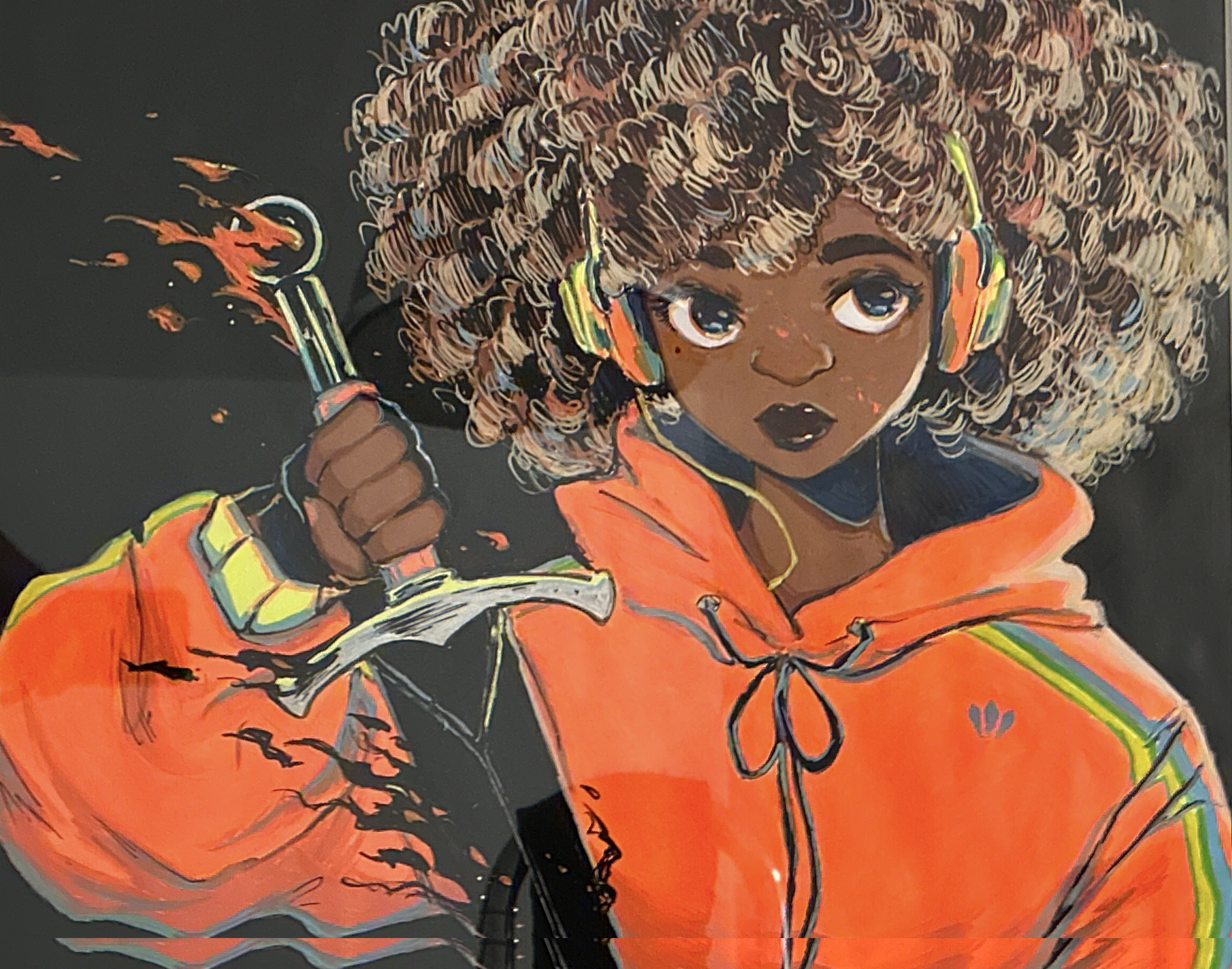A digital illustration of a young Black girl with curly hair wearing headphones and an orange hoodie. She is holding a lit torch with flames and playing rock music through her headphones. Illustration by Geneva Bowers, local Chicago Artist.