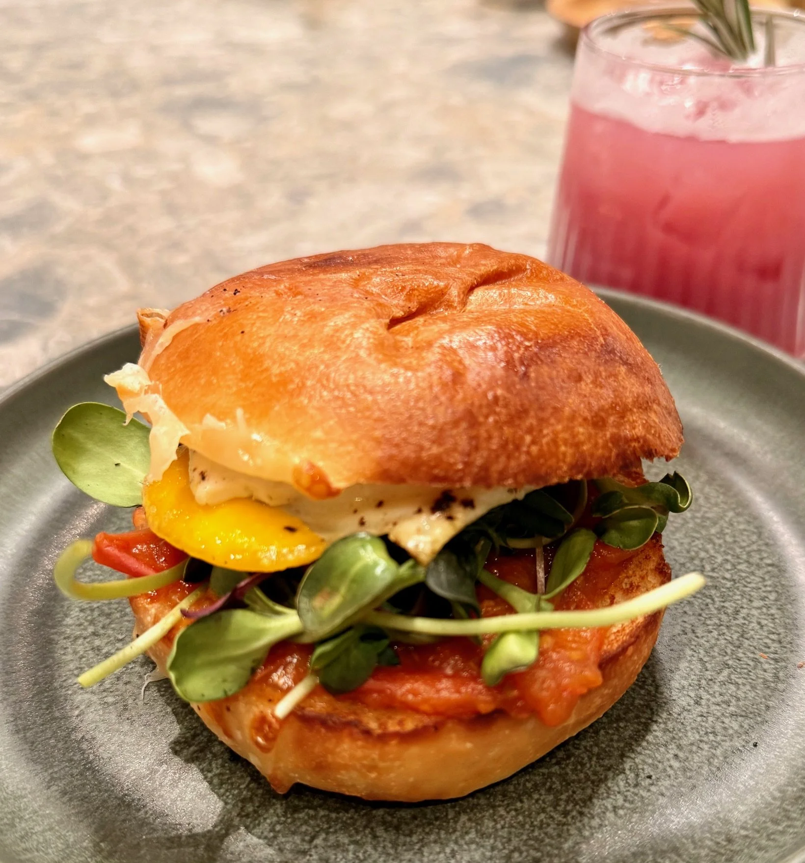 New vegetarian breakfast sandwich, made with house tomato relish