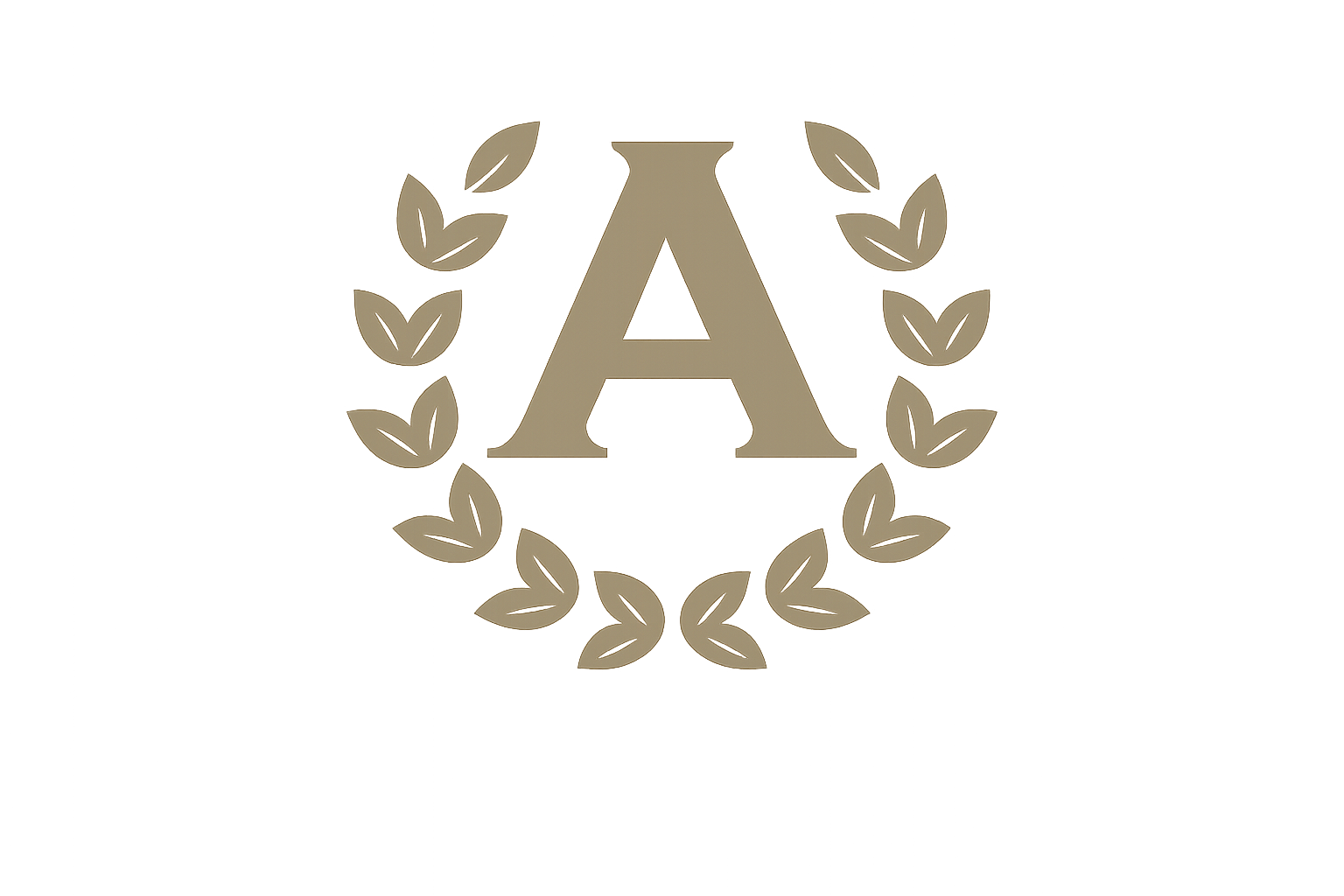 A beige letter 'A' encircled by a laurel wreath on a black background.