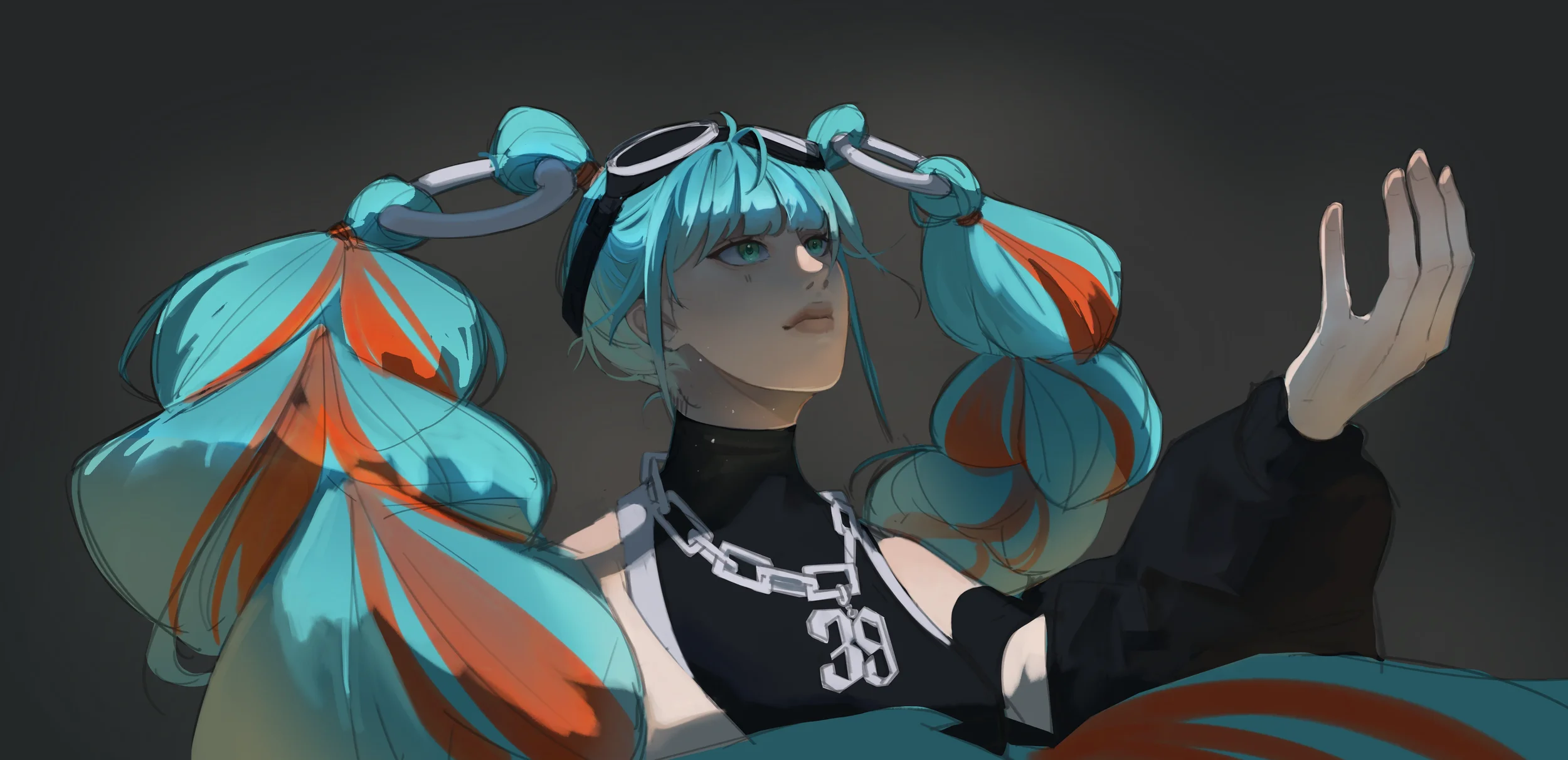 Woman with Blue Hair Looking Upwards Digital Art.webp