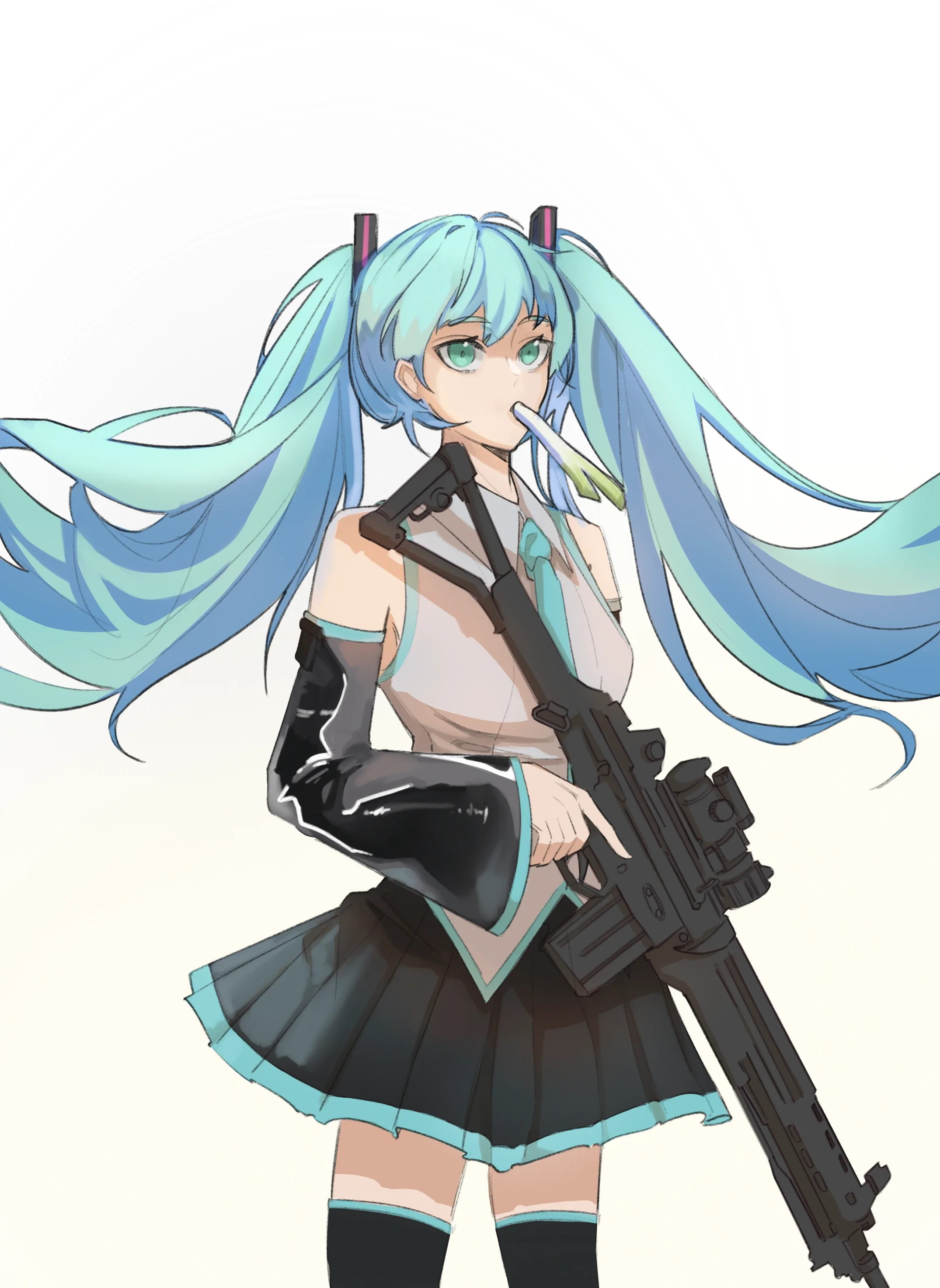 Miku with Gun Chewing on a Root Digital Art.webp