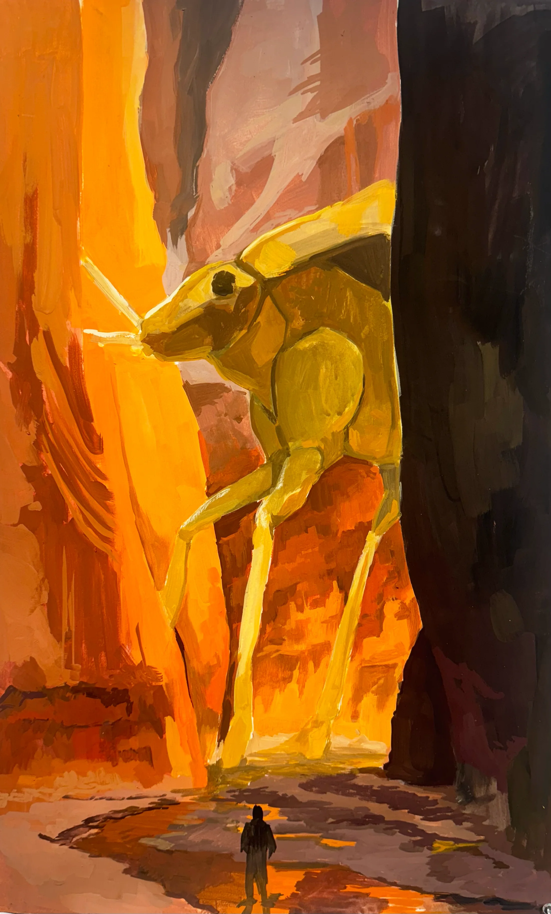 Person Looking at Giant Insect Physical Painting.webp