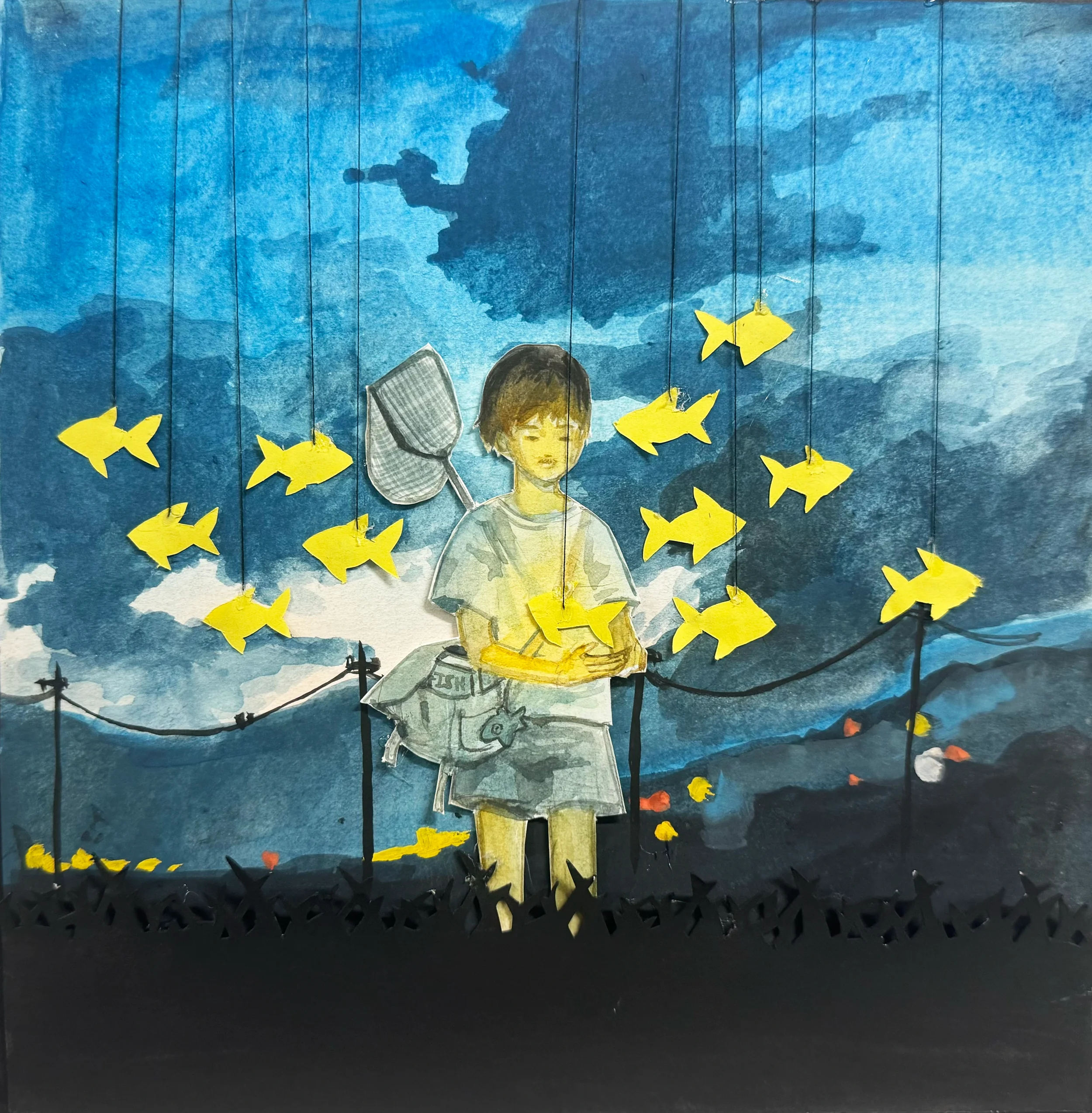 Kid Catching Floating Fish Physical Painting.webp