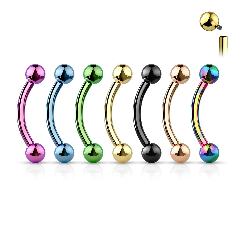 Colorful curved barbell body jewelry in various metallic finishes, with one gold piece shown in mid-installation.