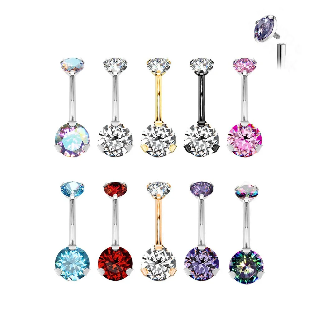A collection of colorful belly button rings with rhinestone adornments arranged in two rows.