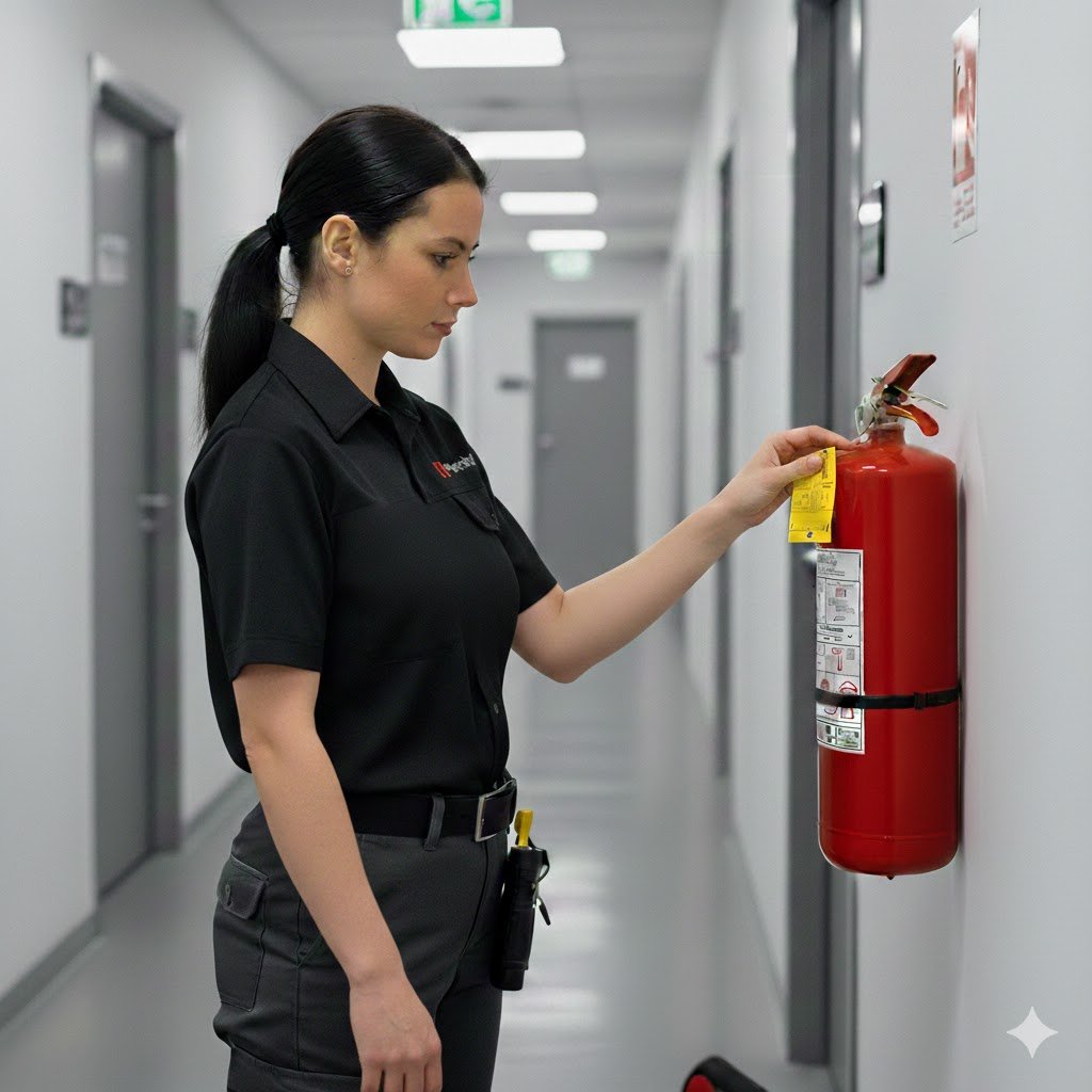 A woman in a black uniform inspects a red fire extinguisher mounted on a gray wall in a building corridor.
