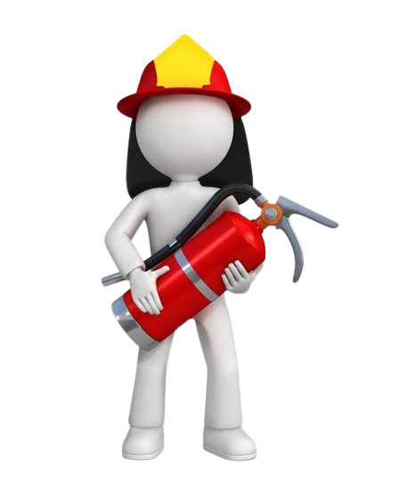 3D cartoon figure of a firefighter holding a fire extinguisher, wearing a firefighter hat.