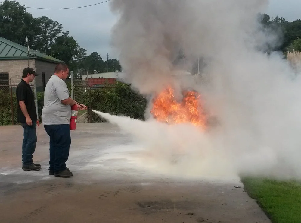 Two young men with one holding a fire extinguisher, spraying it at a fire and smoke outdoors, with a fenced area, trees, and cloudy sky in the background.
