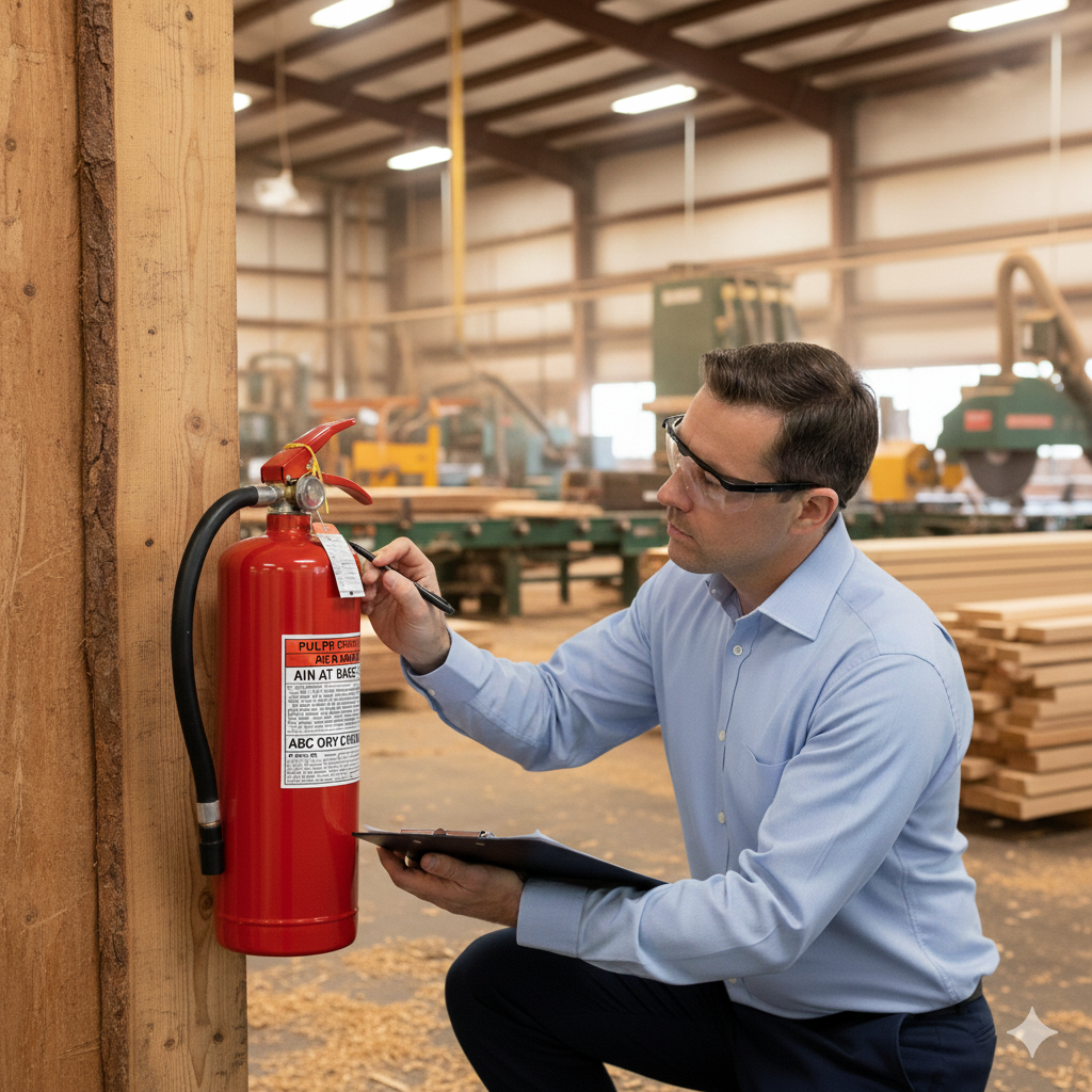 A man in glasses and a light blue shirt is inspecting a red fire extinguisher in a woodworking shop, with stacks of wood and woodworking equipment in the background.