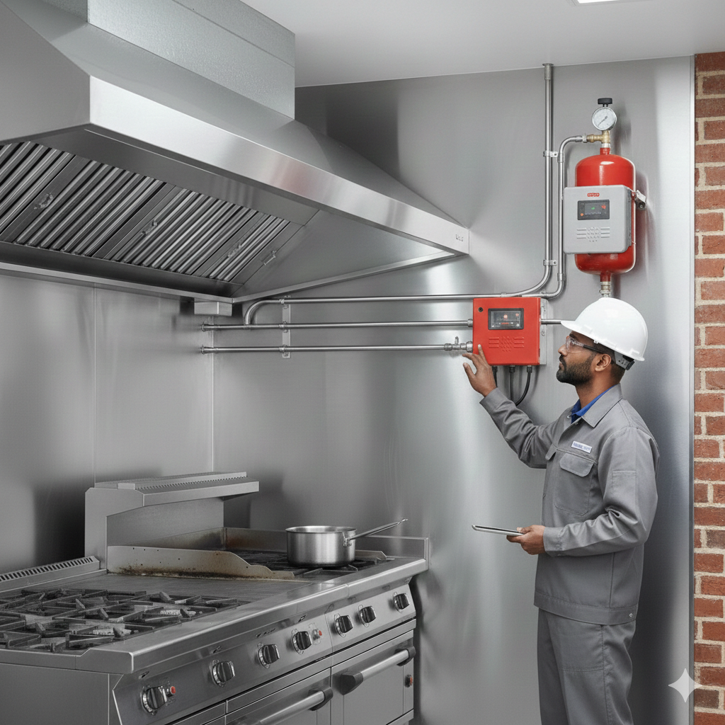 A technician in a gray uniform and white safety helmet is testing or inspecting a fire suppression system in a commercial kitchen. The system includes a red cylinder, a control panel, and piping, located above a stainless steel stove with a pot on the burner.