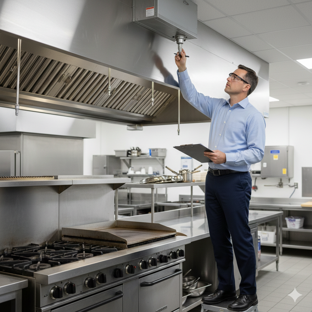 A man in a blue shirt and glasses inspecting kitchen equipment in a commercial kitchen.