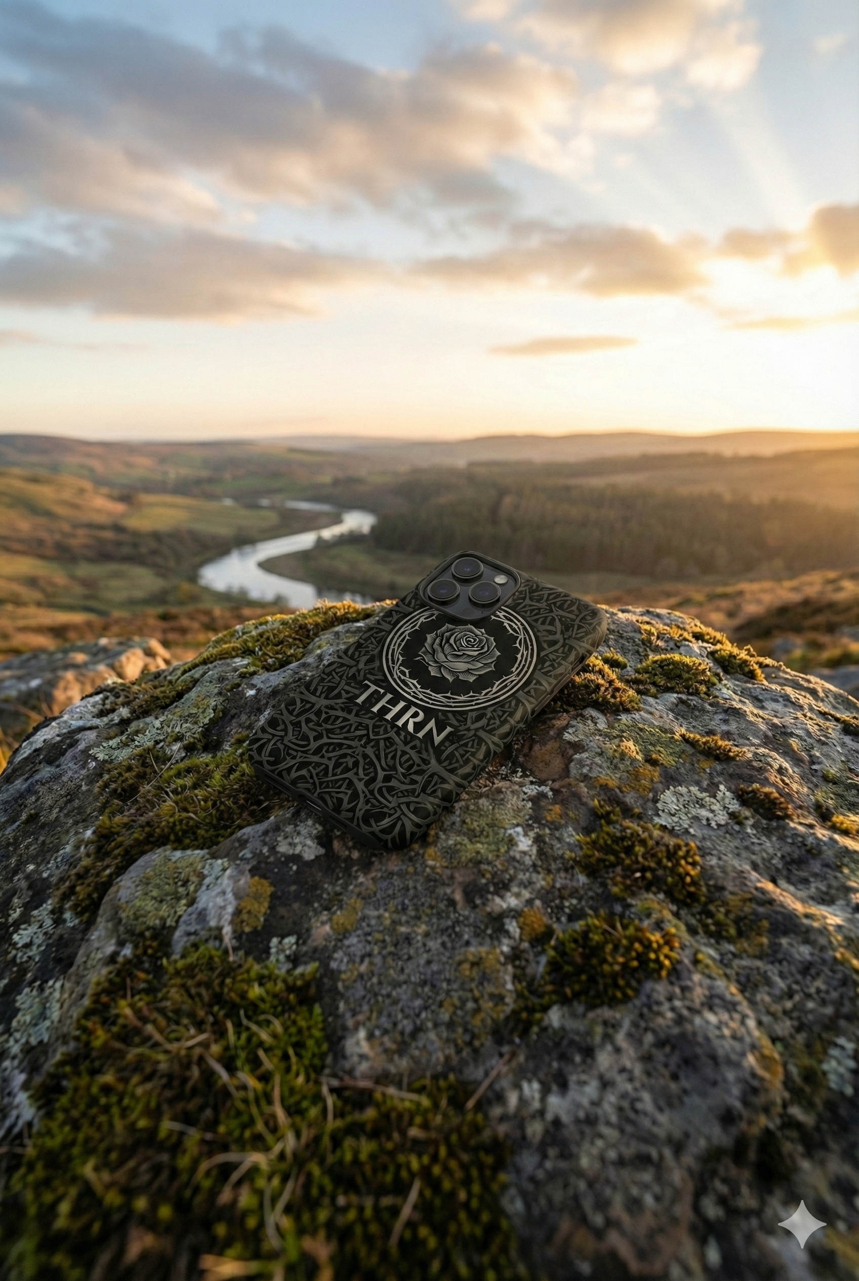 A decorative phone case with a rose design and the word 'THRIV' on a moss-covered rock overlooking a scenic valley with a winding river during sunset.