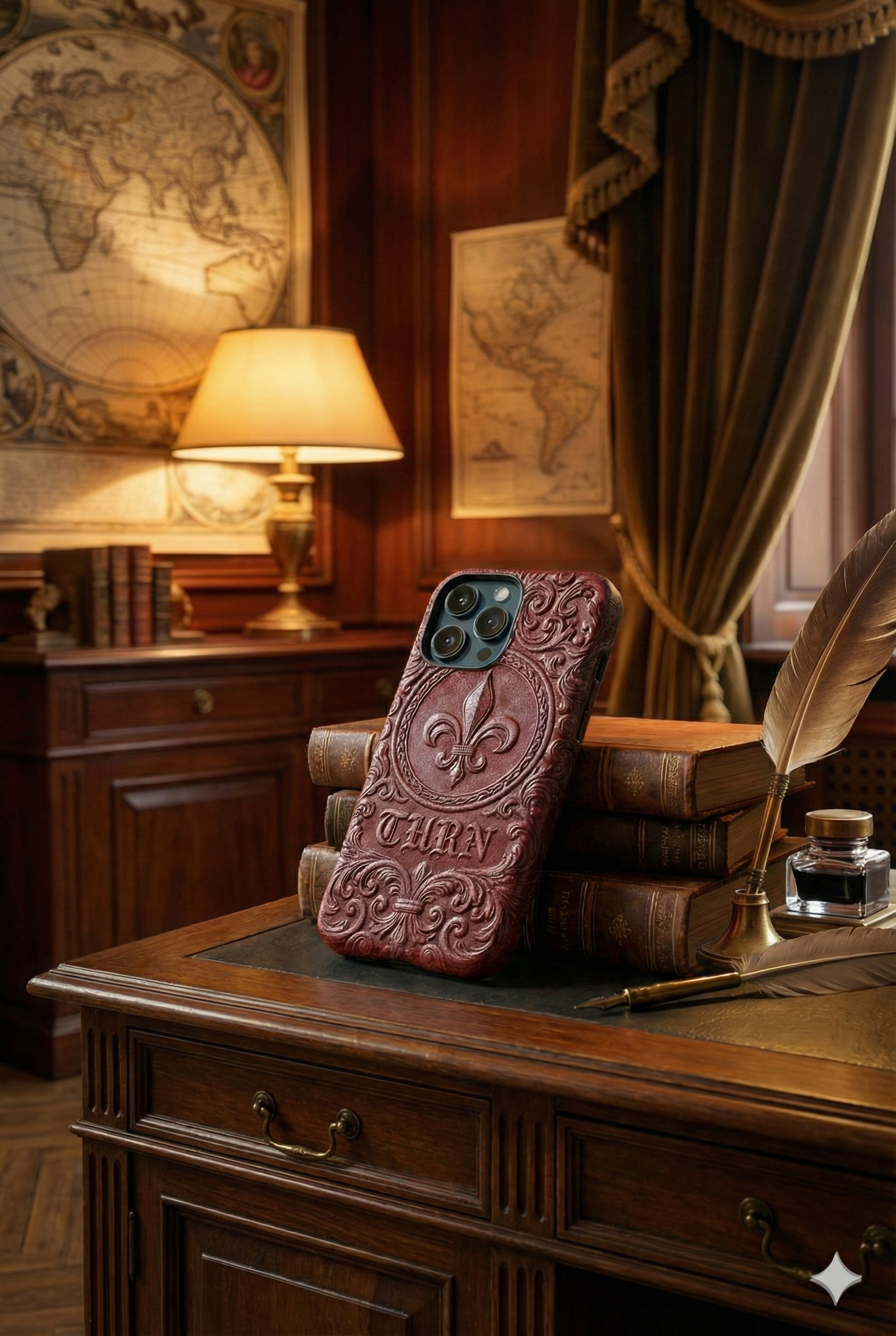 A vintage-style study room with a wooden desk, books, a feather quill, and a leather phone case with a Fleur-de-lis and the name 'Thray' engraved on it, set against wood-paneled walls and world maps.