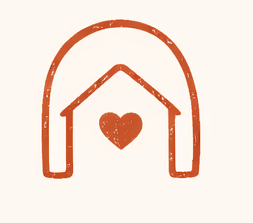 A simple illustration of a house with a heart inside it, drawn with a rustic, textured line.
