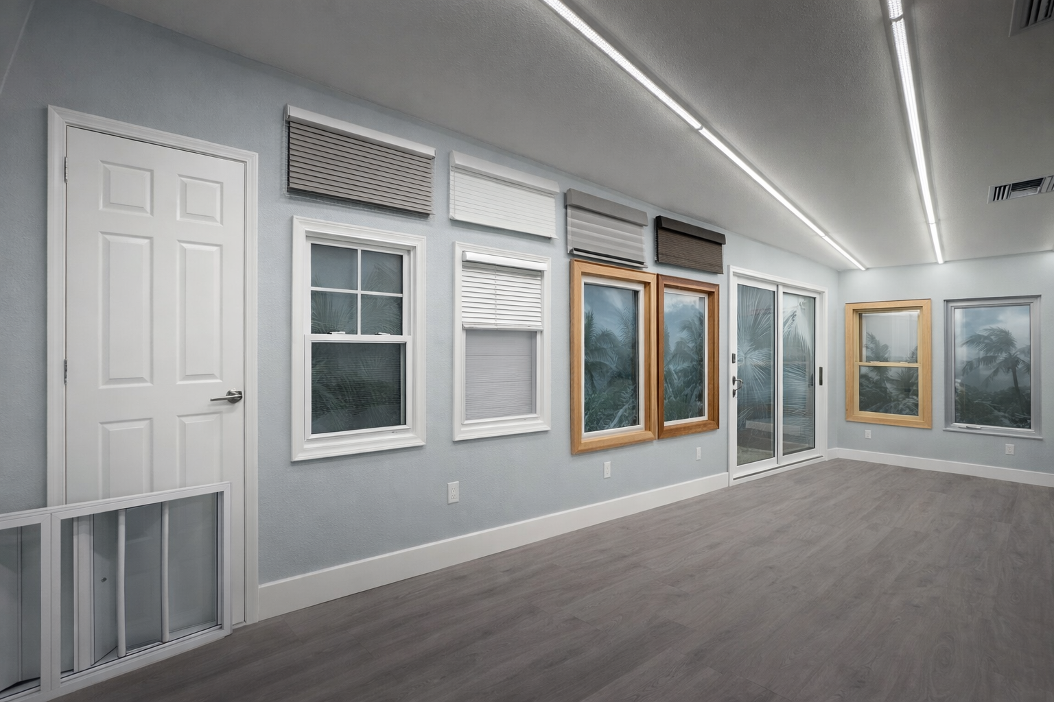 Empty room with multiple windows, some with blinds, a sliding glass door, and a ceiling with two long strip lights.