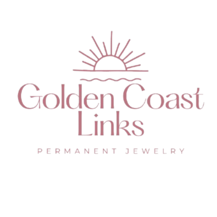 Logo for Golden Coast Links, a permanent jewelry business, featuring a sun setting over water with the company name and tagline.