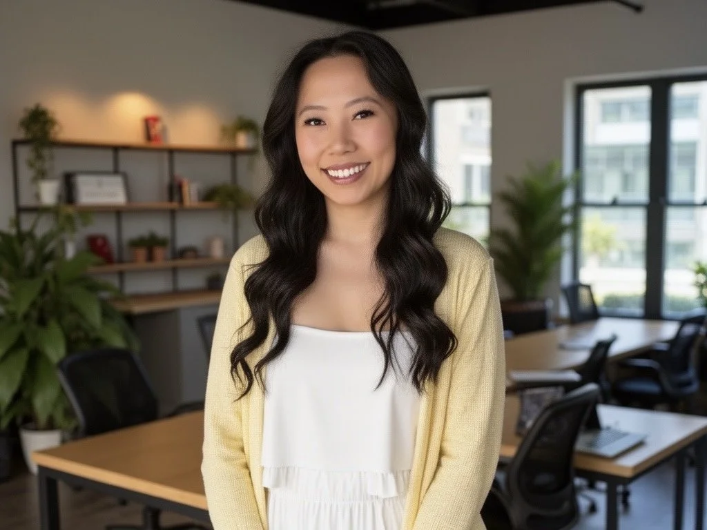 A young woman with long, wavy black hair smiling in an office space with large windows, plants, and a bookshelf in the background.