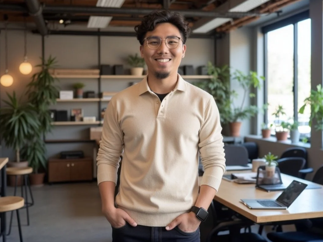 A smiling man with glasses and dark curly hair standing in a modern office space with plants, shelves, tables, chairs, and laptops.