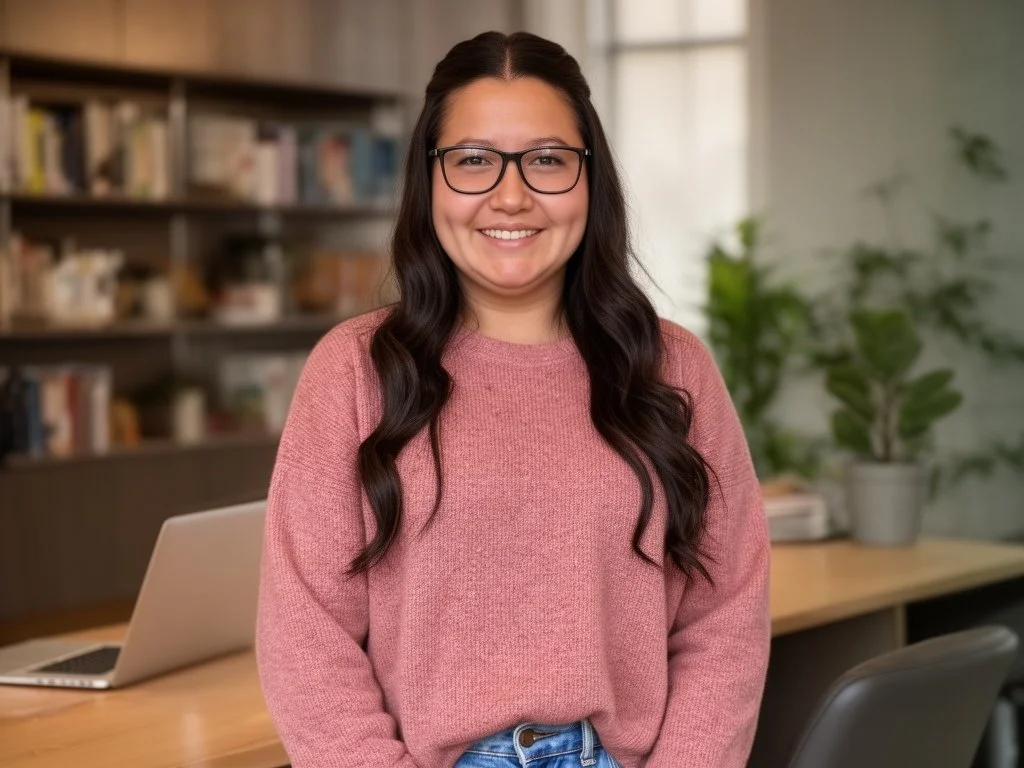 A woman with glasses smiling, wearing a pink sweater, in a room with a bookshelf and plants.