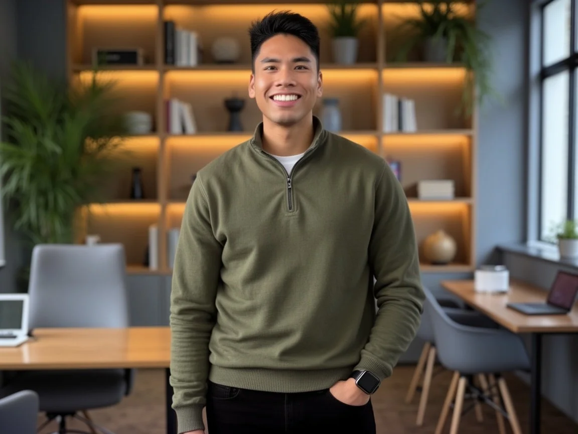 Smiling young man standing in a modern office with bookshelves, plants, and workstations in the background.