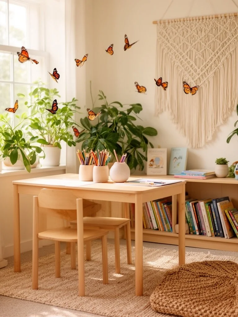 A cozy room with a light wooden table and chair, decorated with potted plants on the window sill, colorful pencils in ceramic holders, and a bookshelf with children's books. Butterflies are flying around near the window, and a textured wall hanging decorates the wall.