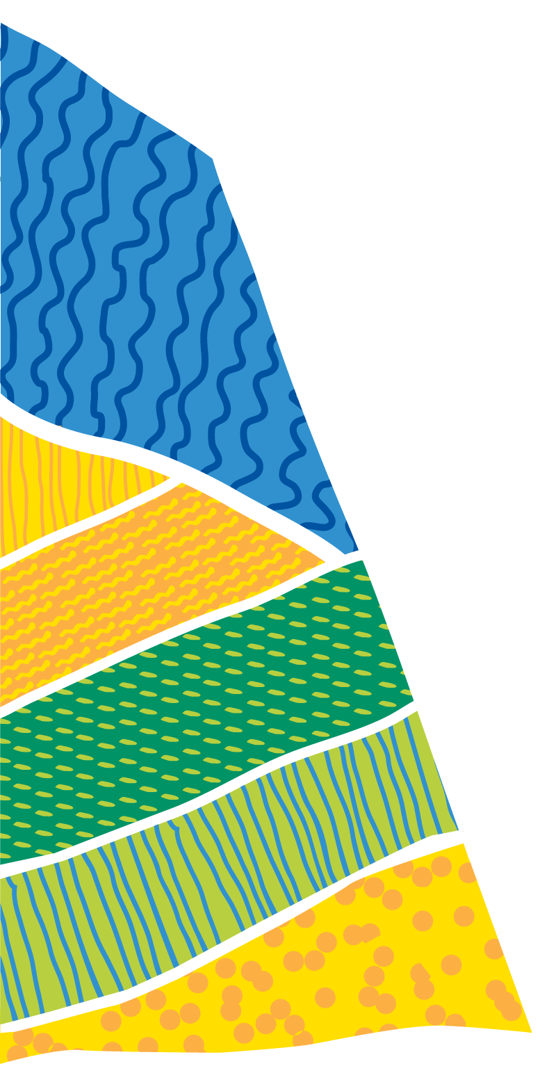 Close-up of a colorful surfboard with multiple patterned sections.