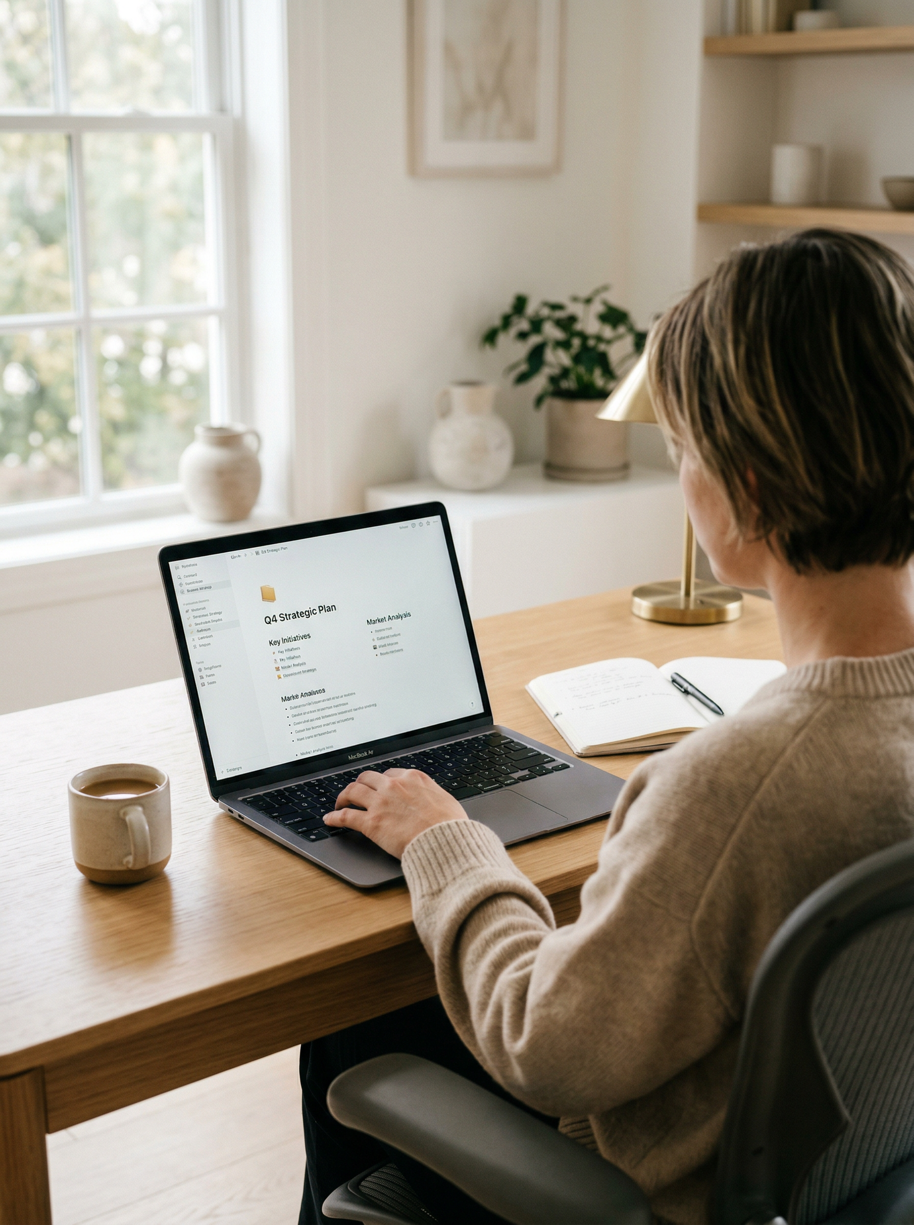 Person working on a MacBook at a wooden desk, with a coffee mug, notebook, and pen, in a bright room with a window and decorative vases and plants.