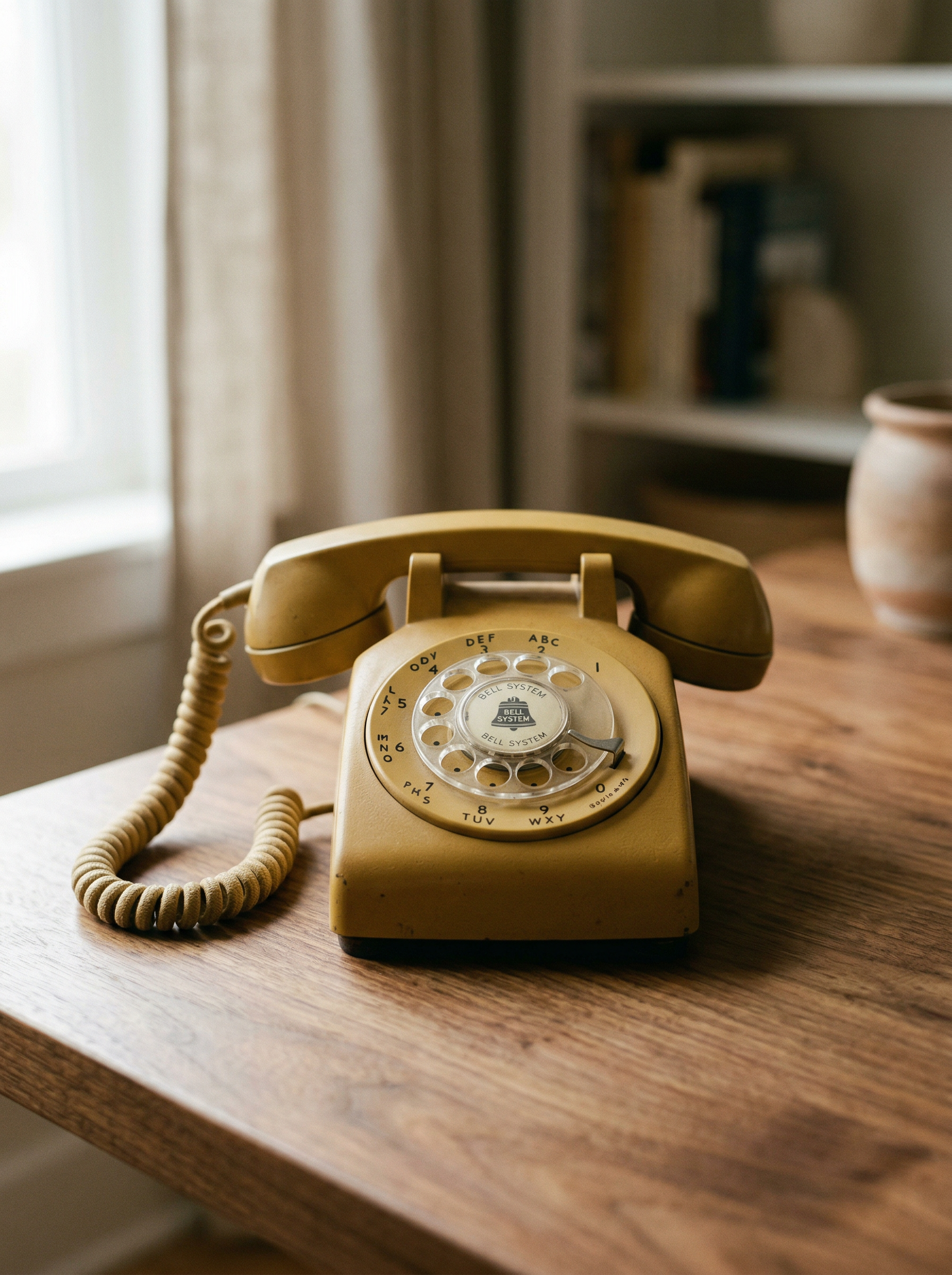 A vintage yellow rotary telephone on a wooden table inside a room with a bookshelf and window.