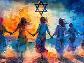 A colorful painting of Jewish women holding hands and dancing together in the desert outside of Jerusalem at sunset.