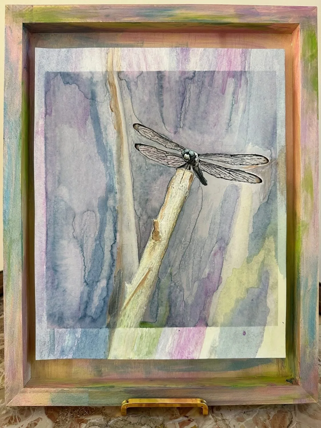 A watercolor painting of a dragonfly perched on a twig with a colorful, blended background and a pastel-colored frame.
