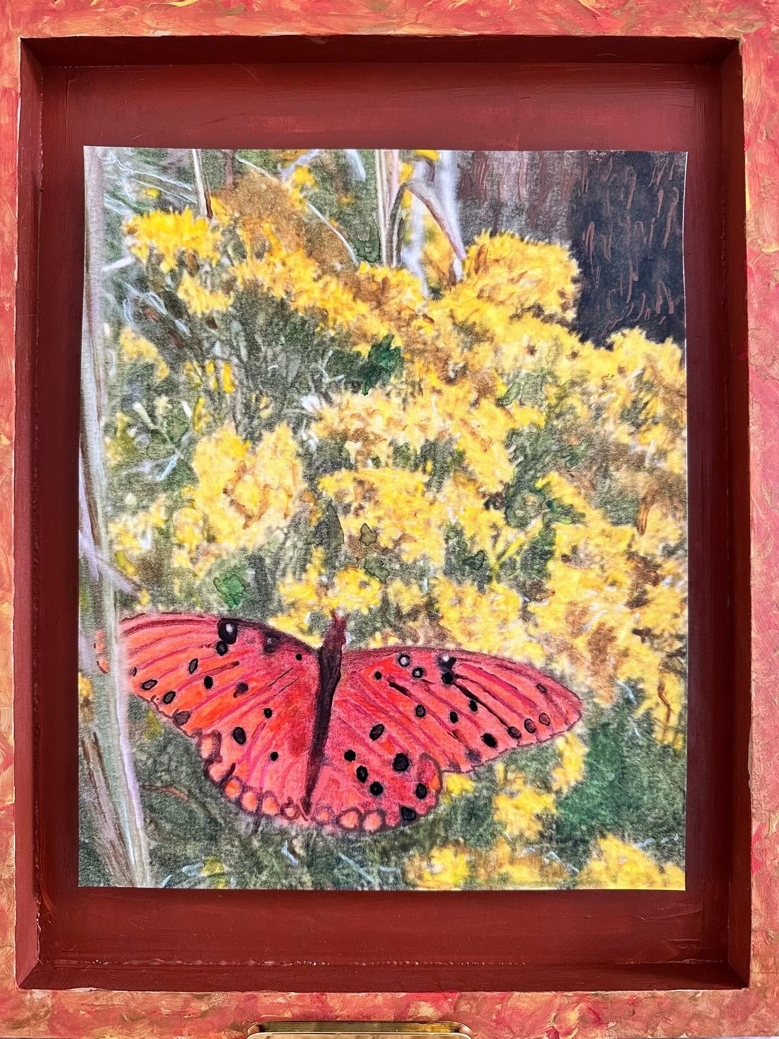 Painting of a red and black-spotted butterfly on yellow flowers.