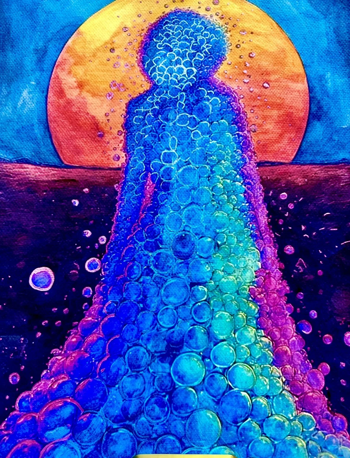Abstract colorful painting of a figure walking towards a large sun on the horizon, with bubbles or circles in vibrant rainbow colors.