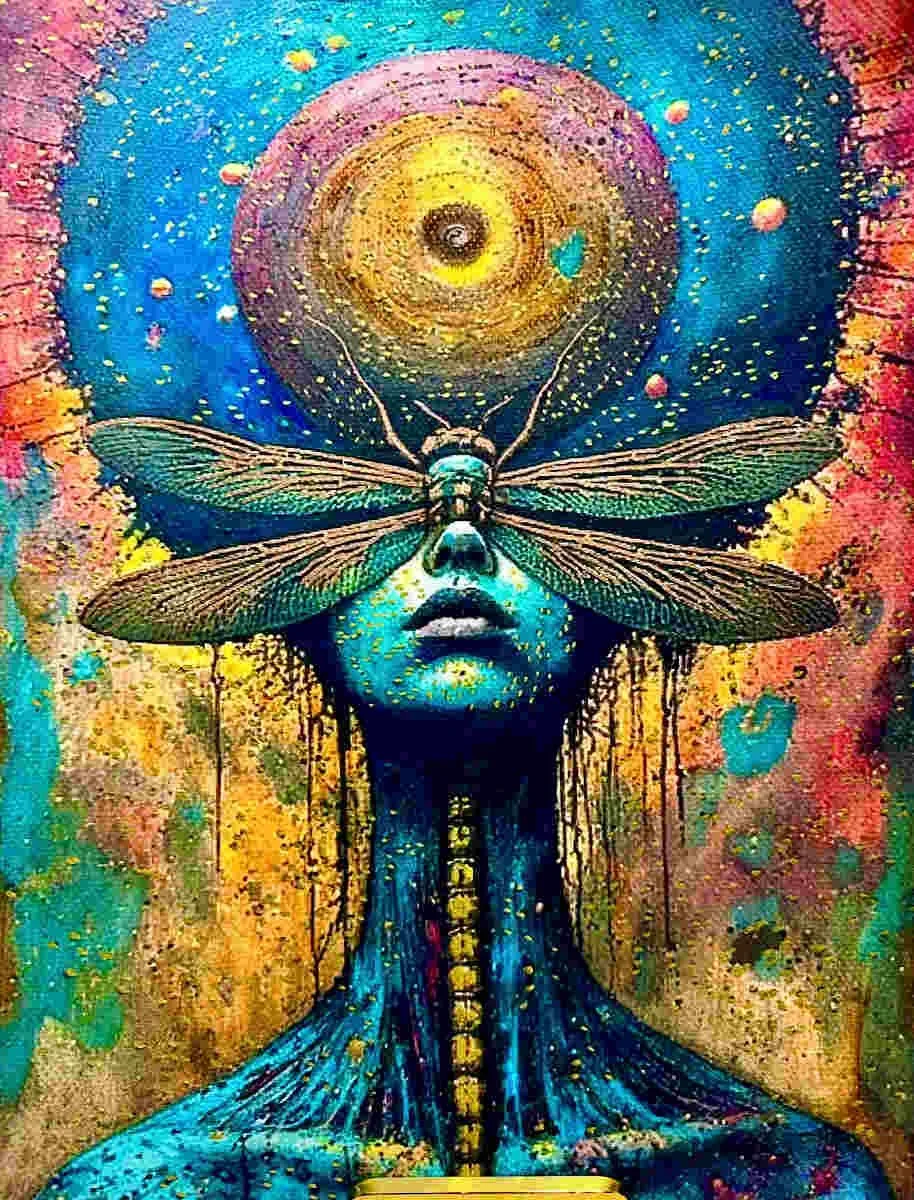 A surreal painting of a woman's face with a dragonfly covering her eyes, set against a cosmic, colorful background with swirling patterns, stars, and petals.