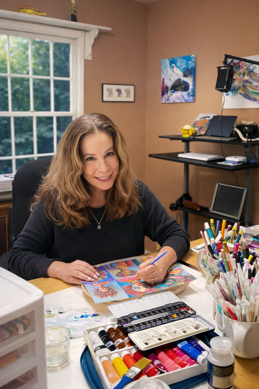 The artist with long brown hair smiling at the camera while painting colorful artwork at her art studio. The workspace has art supplies including paints, markers, and brushes on the table, and paintings displayed on the walls.