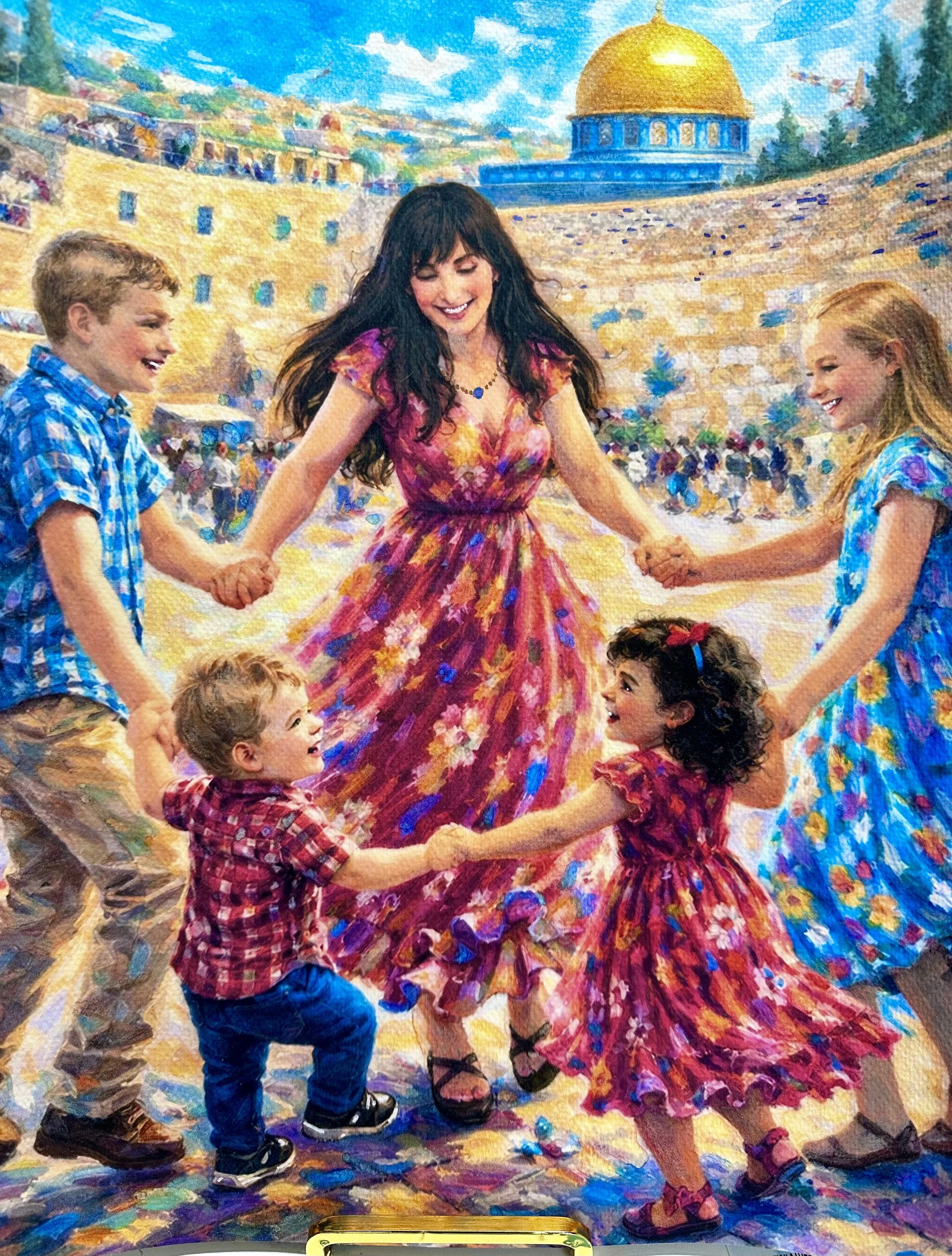 A woman and four children holding hands and dancing in a colorful outdoor setting with a domed building in the background.