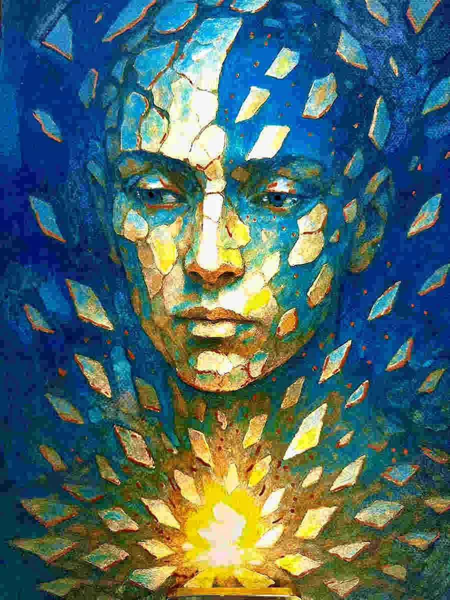 A contemporary Jewish painting of a human face of shards of light repairing the face with a theme of Tikkun Olam.