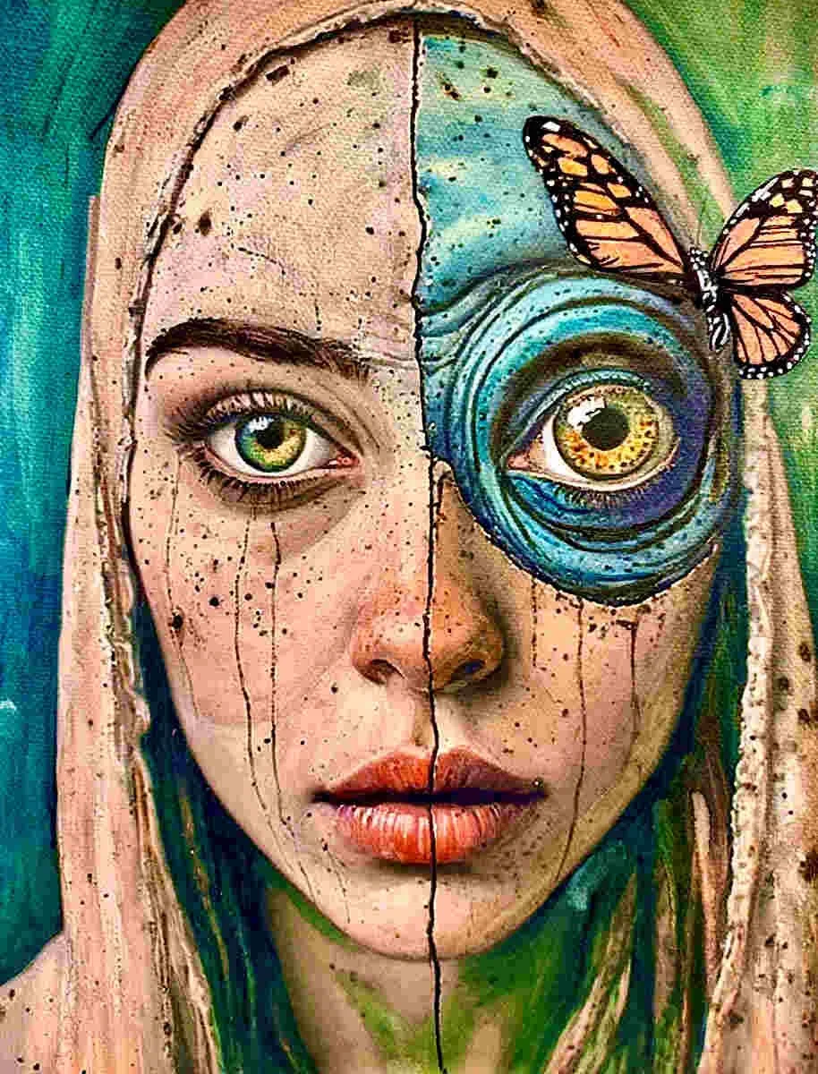 A surreal mixed-media portrait of a woman's face, divided into two halves. The left side depicts a realistic human eye and face, while the right side features a painted, abstract eye with swirling blue and green tones. A Monarch butterfly is perched on the upper right cheek, and the woman has long hair with natural and painted elements blending into the background.