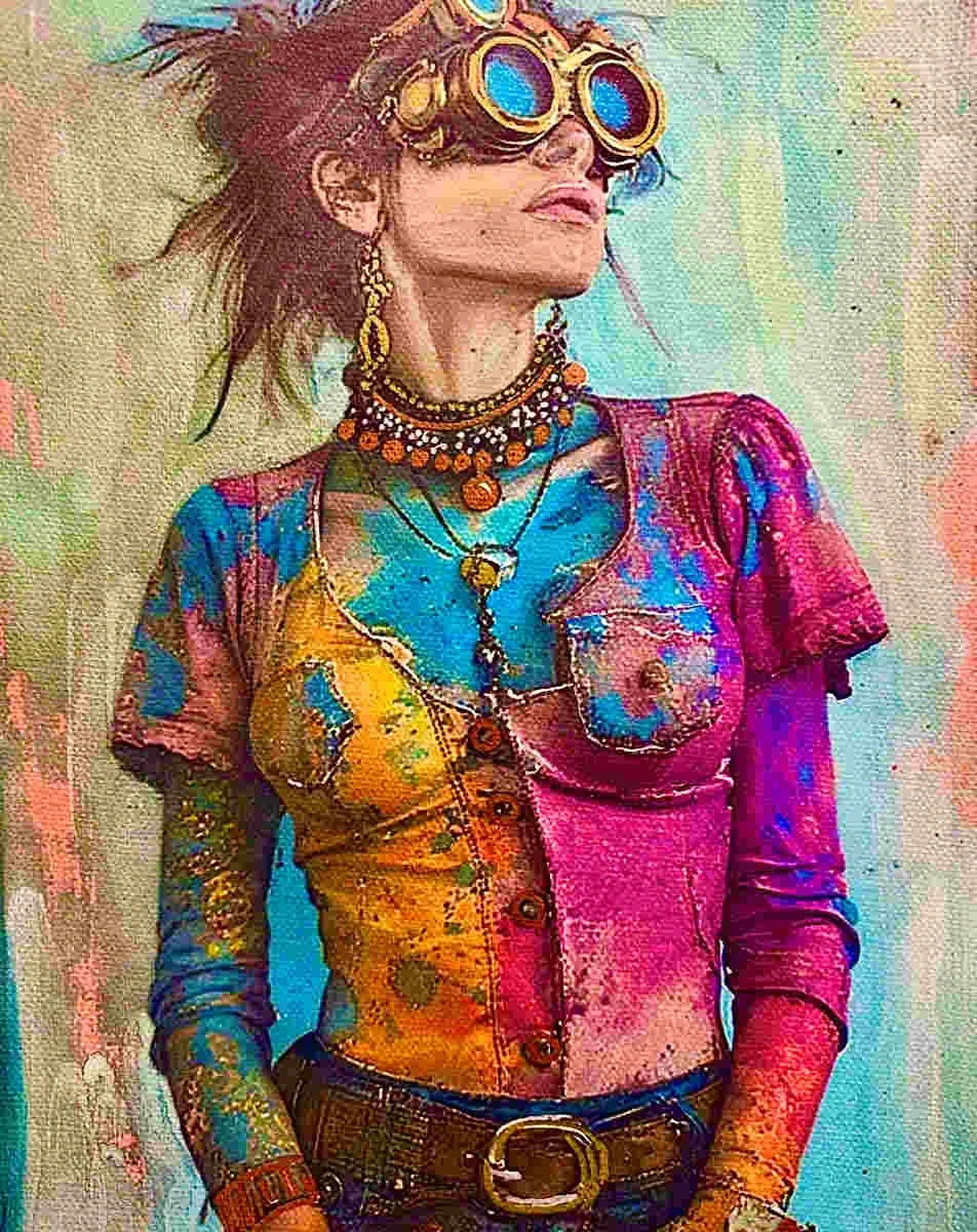 A woman wearing colorful clothing and jewelry, with large goggles on her head, standing against a vibrant background.