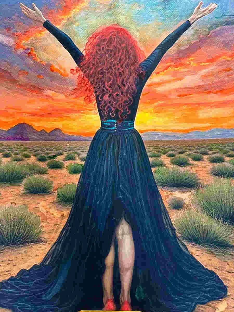 A woman with long, curly red hair stands in a desert landscape with her back to the viewer, arms raised, wearing a flowing black dress with a high slit revealing her legs, during a vibrant sunset.