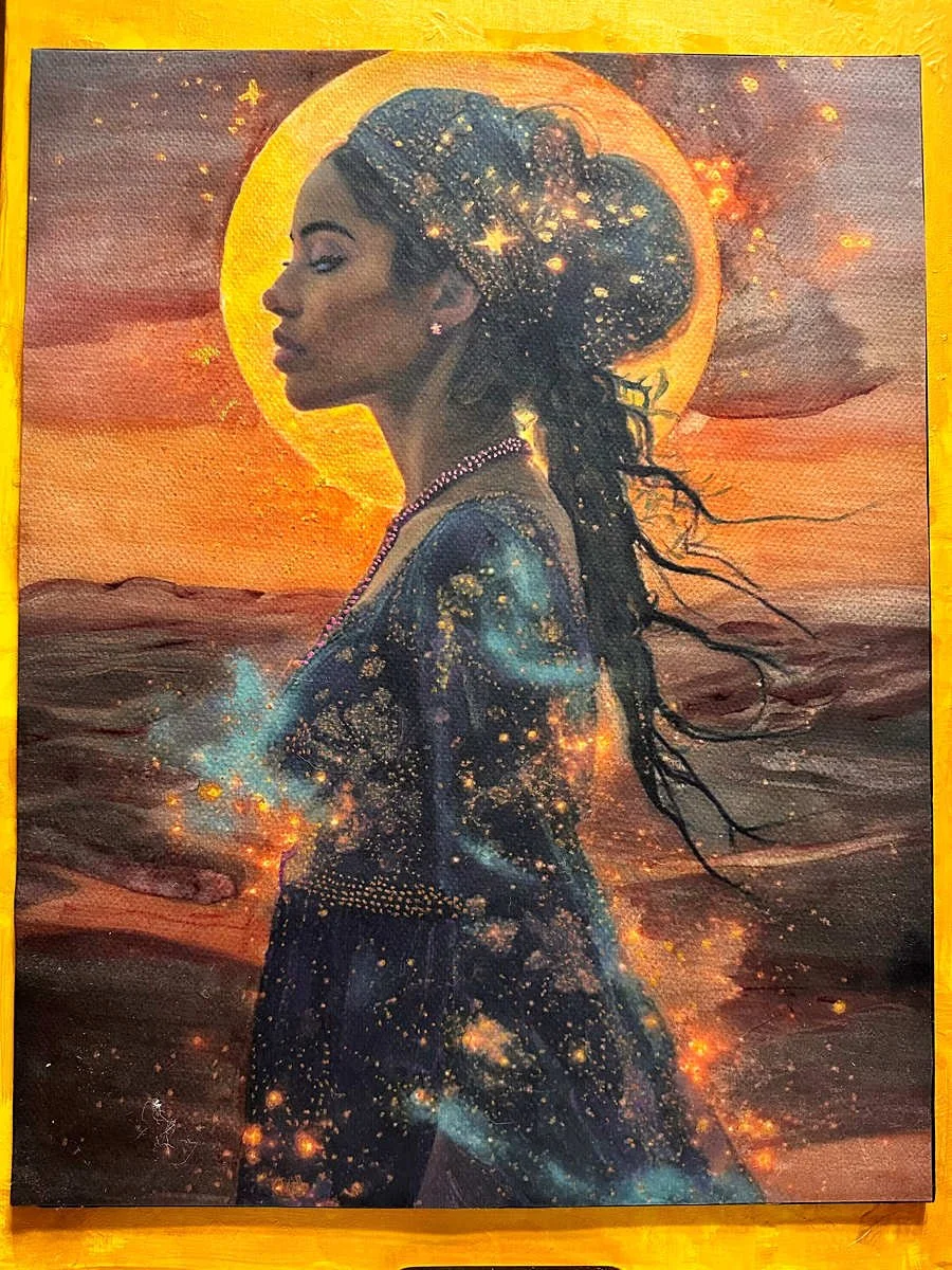 A painting of a woman with her eyes closed, her profile turned to the left, with cosmic and starry imagery integrated into her hair and dress. The background features a sunset or sunrise with orange and yellow hues, and a large glowing moon or sun behind her head.