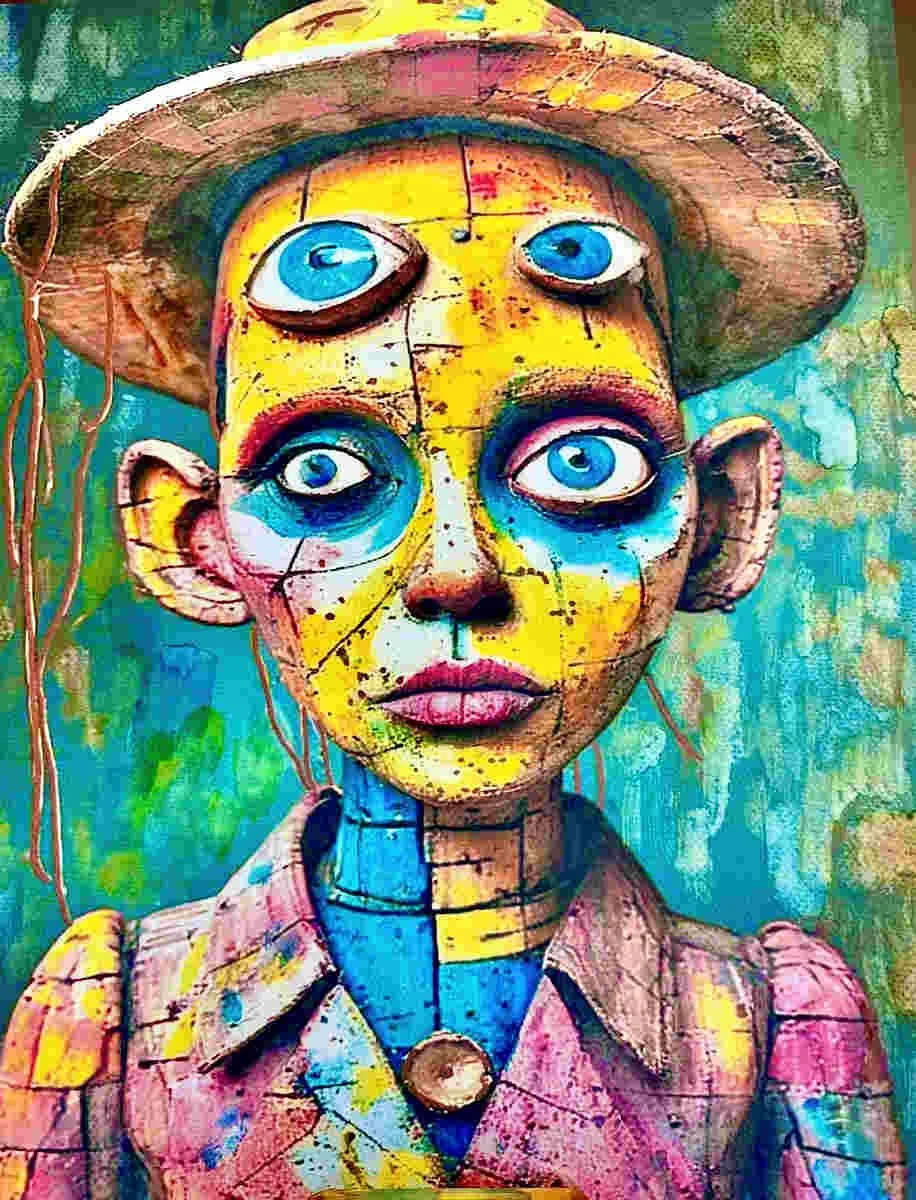 A colorful, stylized artwork of a person with four blue eyes, wearing a wide-brimmed hat and a pink shirt against a vibrant green and blue background.