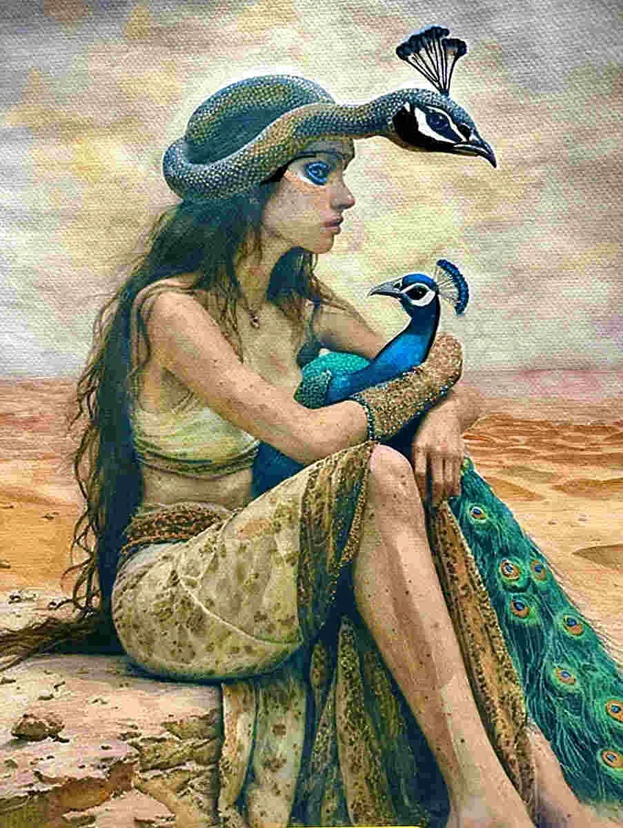 A woman with long hair and peacock feathers in her hair, sitting on a rocky surface in a desert-like environment, holding a vibrant peacock. She is dressed in earthy tones and has a calm expression, with a bird perched on her head and another near her hand.