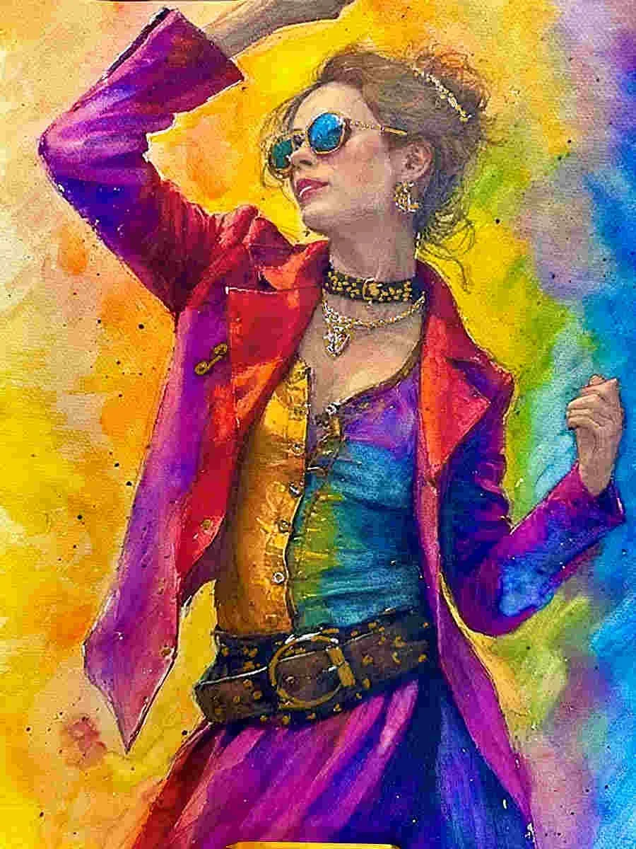 Colorful portrait of a woman in sunglasses and jewelry, wearing a vibrant jacket, with a rainbow-colored background.