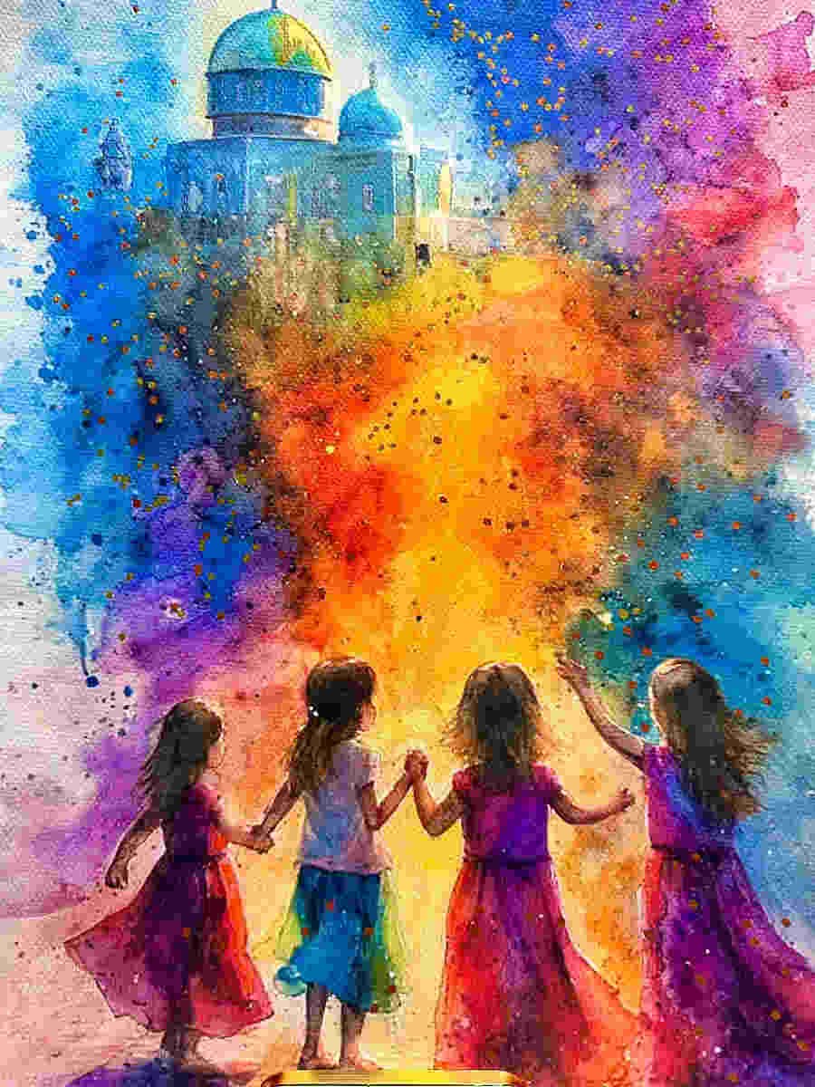 A contemporary Jewish painting of children holding hands and dancing toward Jerusalem.