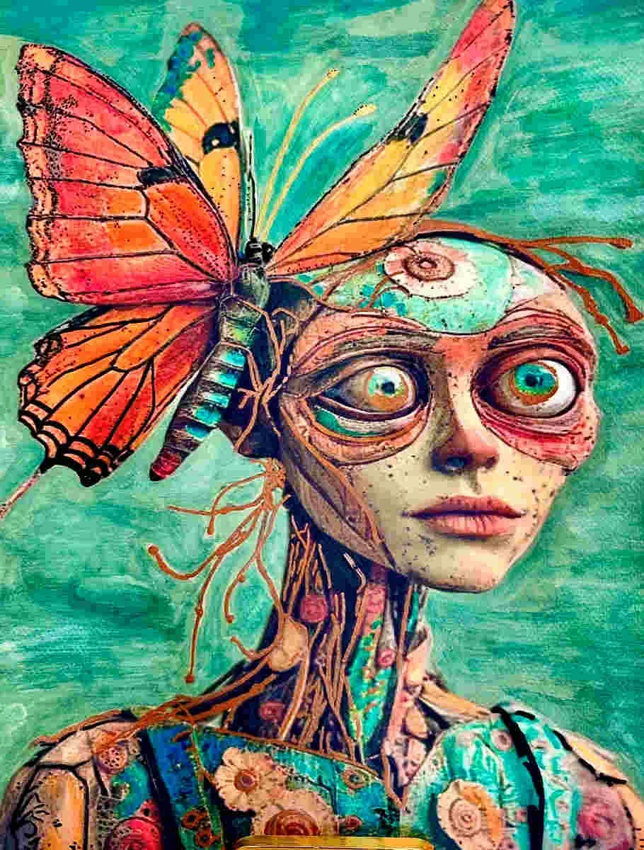 A surreal artwork depicting a humanoid figure with large, expressive eyes, and a face and body made of intertwined roots and textures, with a large butterfly perched on its head, set against a vibrant teal background.